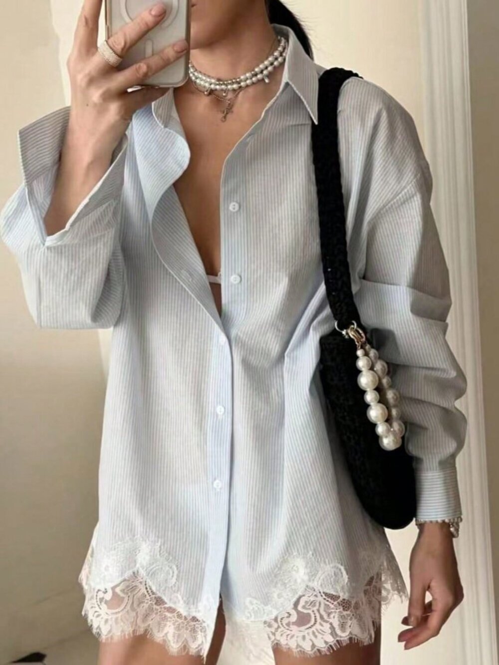 Light blueCasual Casual Women's Loose Striped Lace lace detailed Blouse Shirt